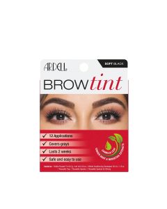 The front side of wall hook ready box of Ardell Brow Tint - Soft Black, with a sample photo of its salon-quality result 