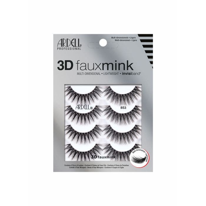 Four pairs of Ardell Fauxmink Lash 853 placed into its retail packaging with features written on it