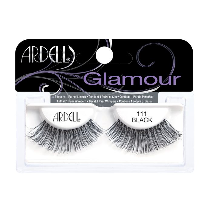 Front view of an Ardell Natural 111 faux lashes set in complete retail wall hook packaging