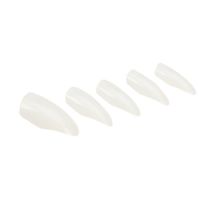 A set of Ardell Nail Addict Premium Artificial Nail with Clear Natural color in stiletto shape laid down  in 45 degree angle