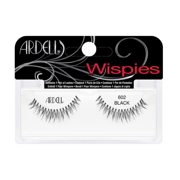 A single pair of Ardell Wispies Clusters 602 Striplash in retail wall hook packaging with texts on the package. 