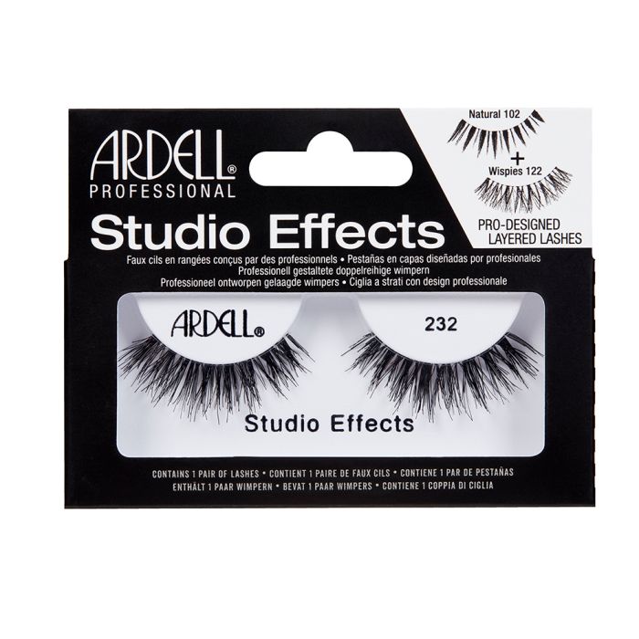 A single pair of Ardell Studio Effects 232 inside its retail packaging with some texts on the box