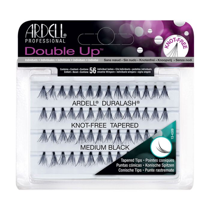 Front view of an Ardell Soft Touch Double Up Individuals Medium faux lashes with tapered tips set in retail packaging