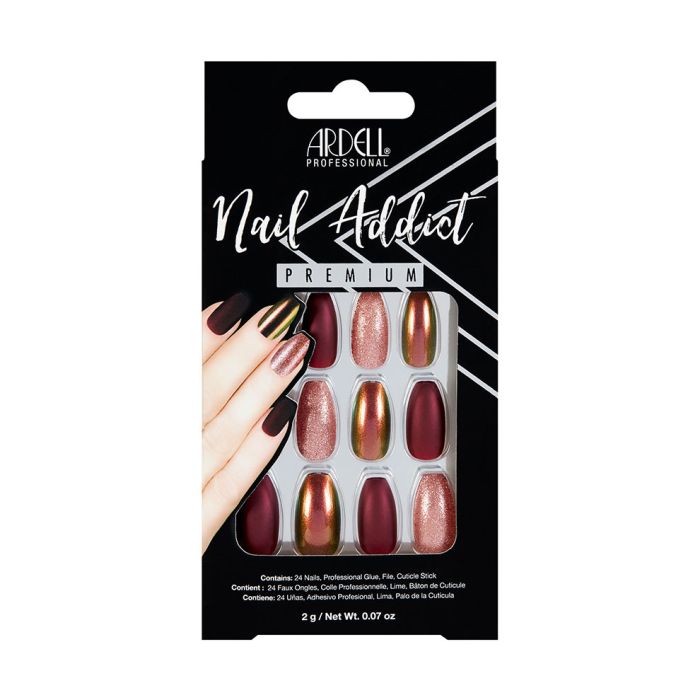 Front view of Ardell Nail Addict Artificial Nail Red Cateye design in packaging