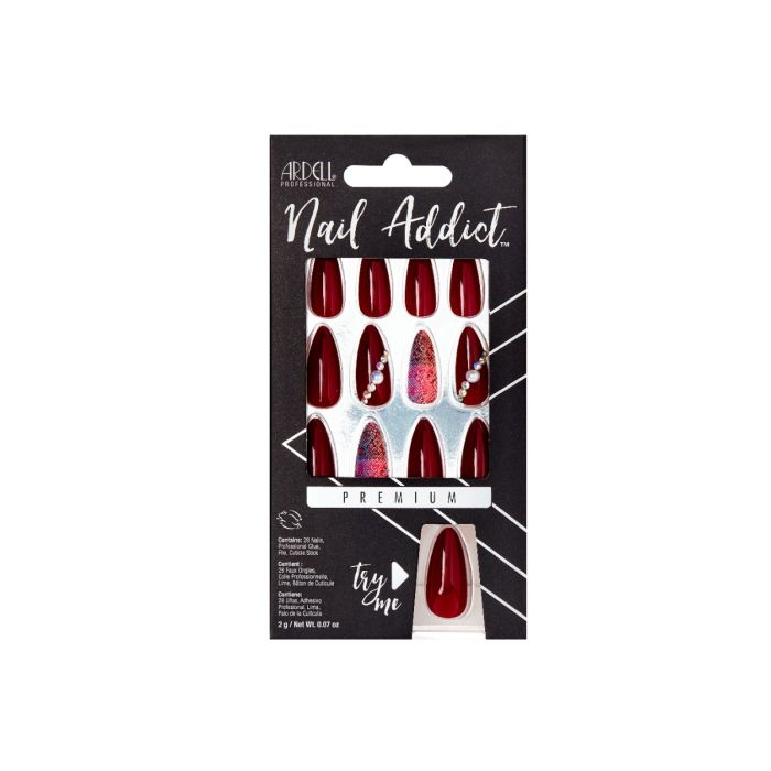 Frontage of Ardell Nail Addict Studded Snakeskin color shade placed in a wall-hook ready retail pack  with label text