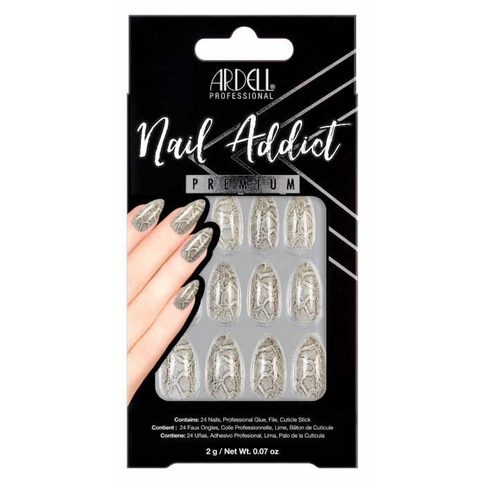 Front of Ardell Nail Addict Premium Nail Set, Grey Python color shade in a wall-hook ready box