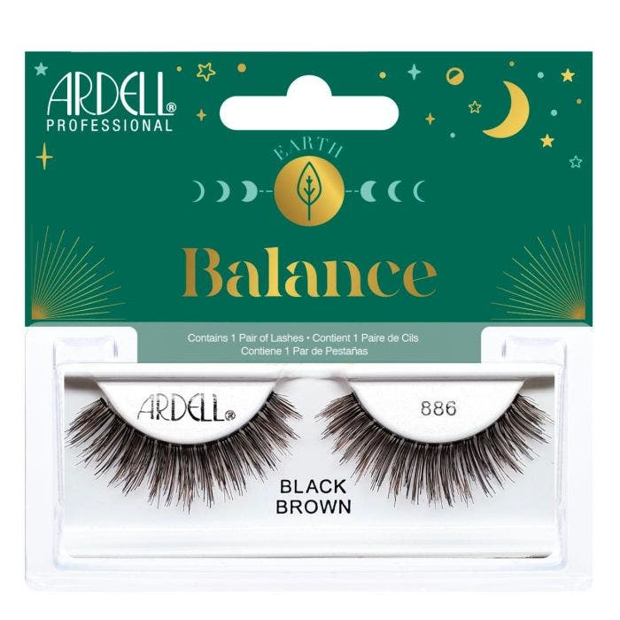 Front view of Ardell Elements Balance colored false lash set inside its retail wall hook packaging with creative accents