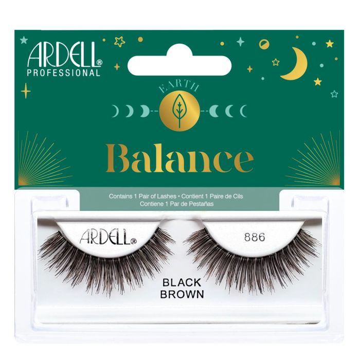 Front view of Ardell Elements Balance colored false lash set inside its retail wall hook packaging with creative accents