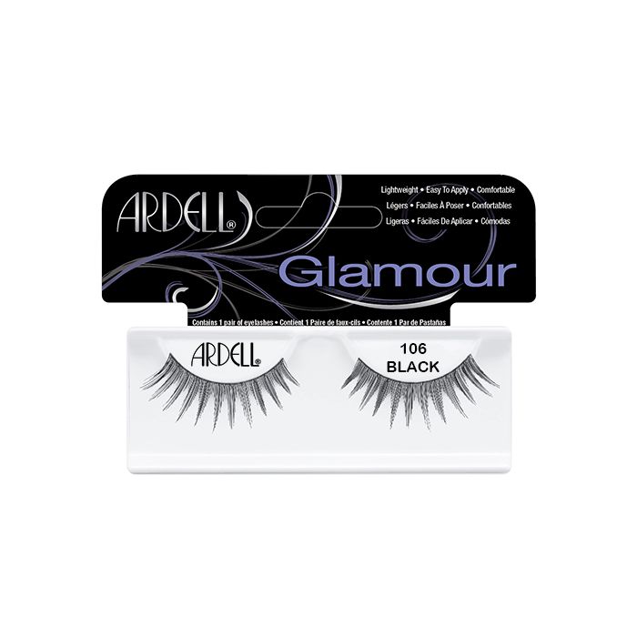 Pair of Ardell Natural 106 upper faux lashes in inner packaging labeled "Ardell" & "106 Black"