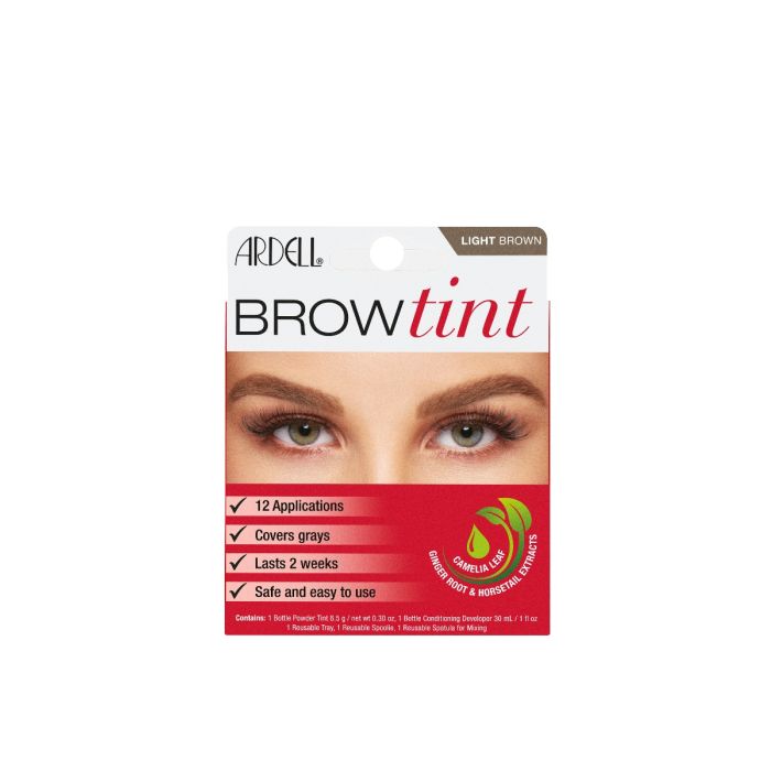 A box of Ardell Brow Tint - Light Brown, with a photo of the salon-quality result 