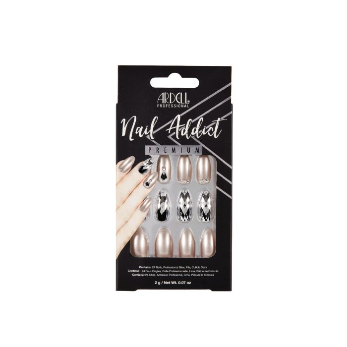 Front of Ardell Nail Addict Artificial Nail - Champagne Ice frosted matte nails in packaging
