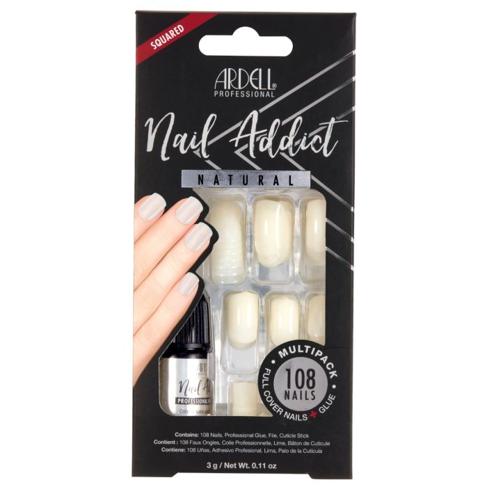 Frontage of Ardell Nail Addict Natural Squared Multipack in a wall-hook retail packaging