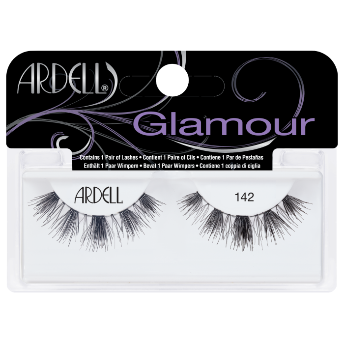 Front view of an Ardell Glamour 142 false lashes set in complete retail wall hook packaging