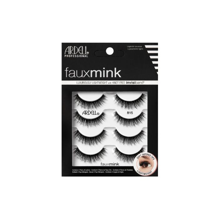 Four pairs of Ardell Fauxmink Lash 815 placed into its retail packaging with features written on it