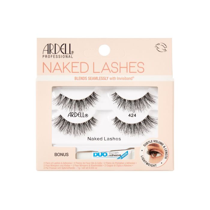 Front view of Ardell Naked Lashes 424 in 2 packs variant retail packaging with printed label details and information 
