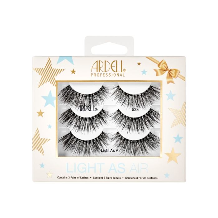 Front view of Ardell,3pk Holiday Light As Air 523 lashes in retail wall hook packaging
