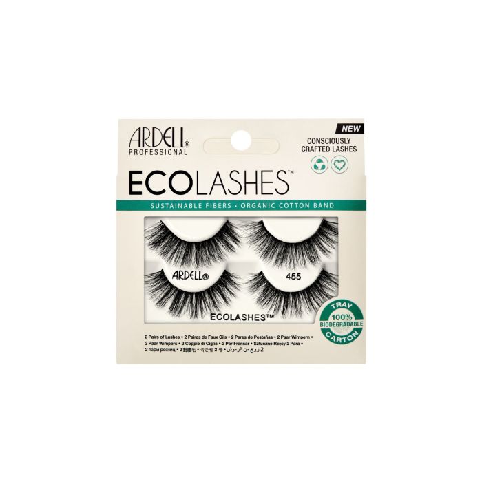 Front facing of Ardell's Eco Lashes 455 2 pack retail packaging with printed product information 
