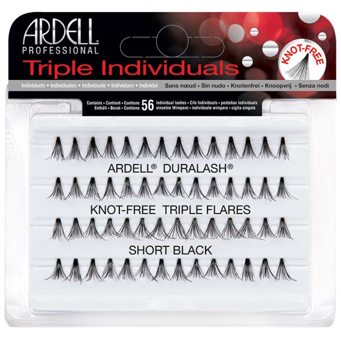 Front view of an Ardell Knot-Free Flared Triple Individuals Short 56-Count false lashes set in retail packaging