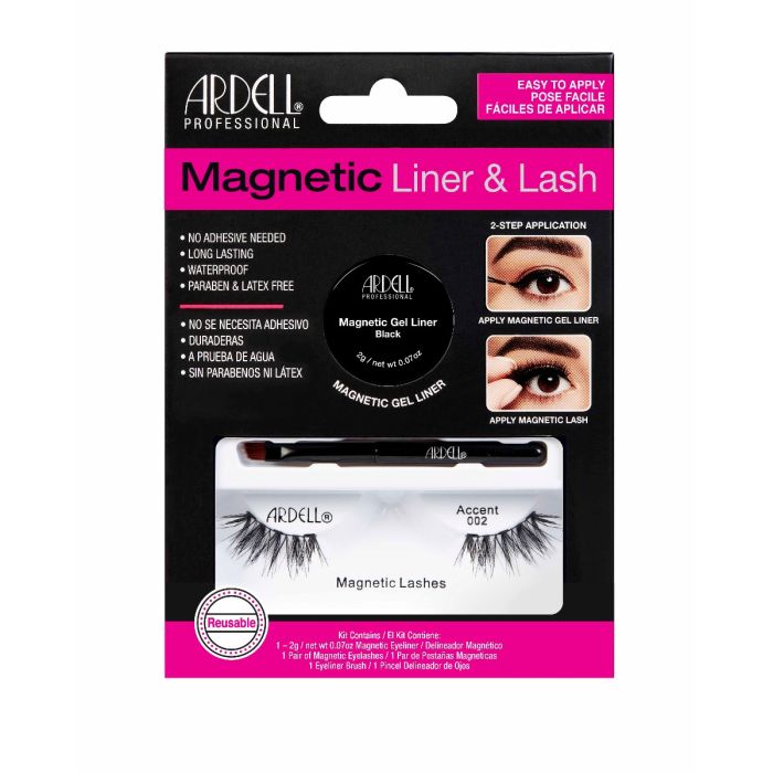 Ardell Magnetic Gel Liner & Lash, Accent 002 in packaging showing magnetic gel liner, applicator brush, & 1 pair false lashes