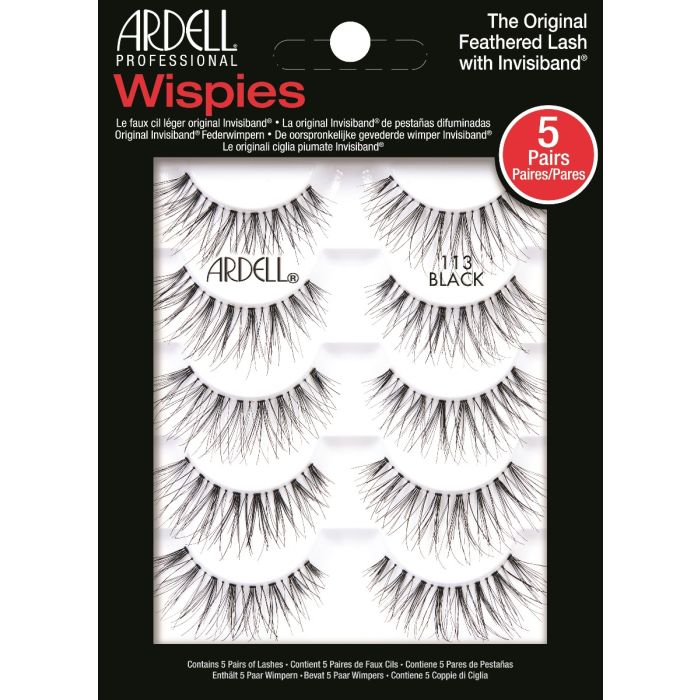 A 5 pairs of Ardell Wispies 113 inside its retail packaging with some texts written on it