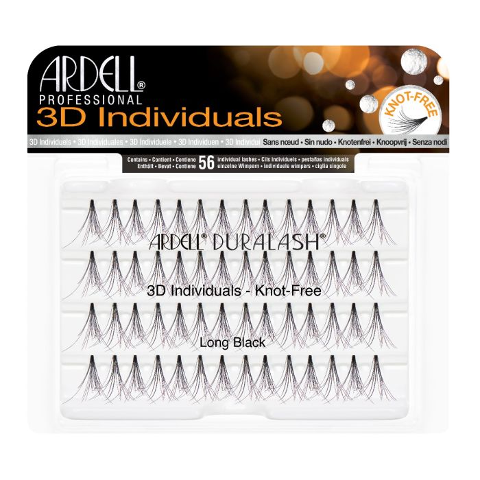 Front view of an Ardell Knot-Free 3D Individuals - Long false lashes set in retail wall hook packaging