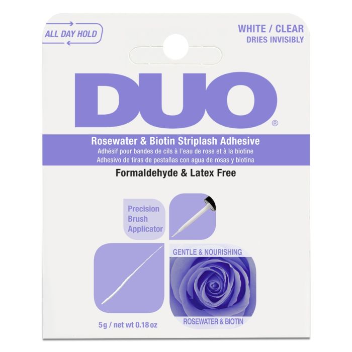 Front view of DUO® Rosewater & Biotin Striplash Adhesive wall-hook ready retail pack with printed label text