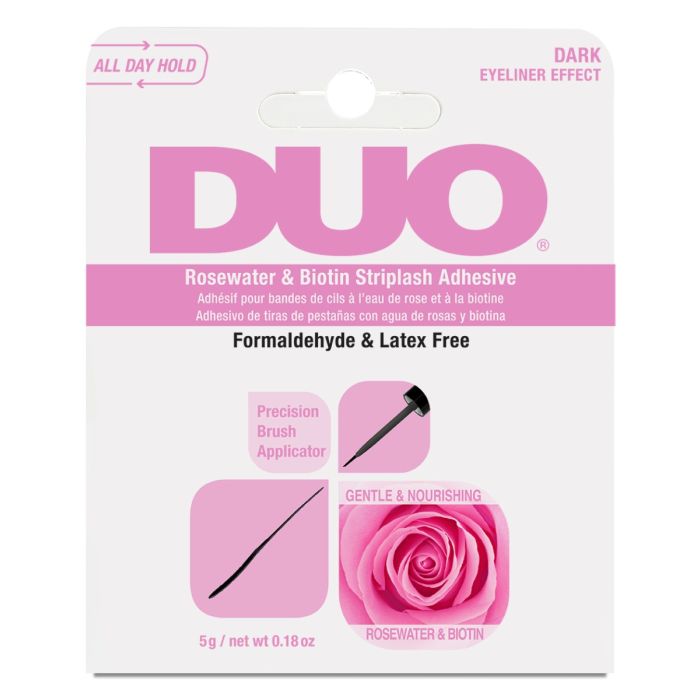 Front view of DUO® Rosewater & Biotin Striplash Adhesive wall-hook ready packaging with printed label text