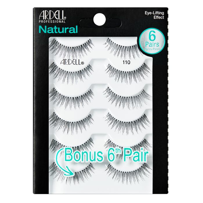 6 pairs of Ardell Natural 110 placed in its retail wall hook packaging with some texts written on the box