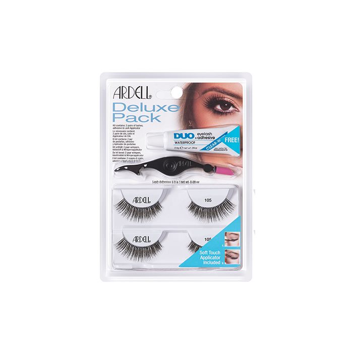 Set of Ardell Deluxe Pack 105 featuring two pairs of lashes, DUO adhesive & soft-touch applicator inside its retail packaging