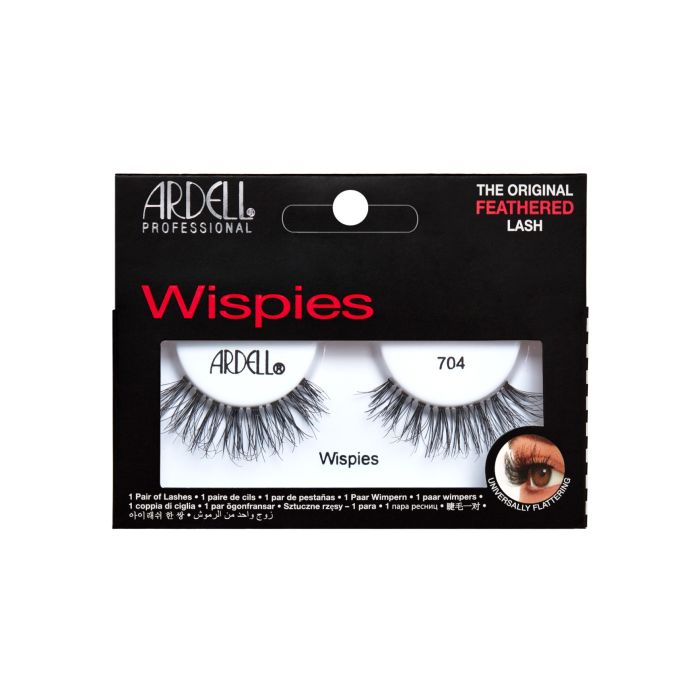 Frontal view of a wall-hook ready retail pack of Ardell's Wispies 704 with descriptive label text