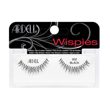 A single pair of Ardell Wispies Clusters 602 Striplash in retail wall hook packaging with texts on the package. 