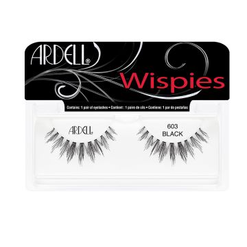 A pair of Ardell Wispies Clusters 603 Striplash  inside its retail packaging with product text
