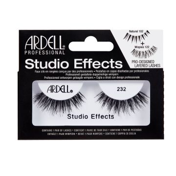 A single pair of Ardell Studio Effects 232 inside its retail packaging with some texts on the box