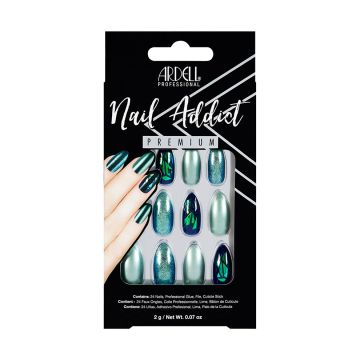 Front view of Ardell Nail Addict Artificial Nails in Green Glitter Chrome color in packaging