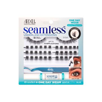 Front view of Seamless Underlash Extensions Fauxmink D Curl + 1 Day Clear Glue & Seal in wall hook packaging
