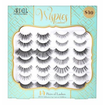 Front view of Ardell Wispies Box with 14 pairs of different kinds of Faux Lashes inside its sealed packaging