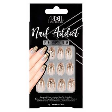 Front of Ardell Nail Addict Premium Nail Set, Dripping in Gold in a retail box with text