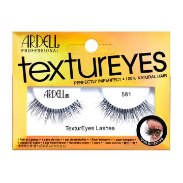 Front facing of Ardell Textureyes 581 false lashes in retail box with printed label of ''581'' and ''TexturEyes Lashes''