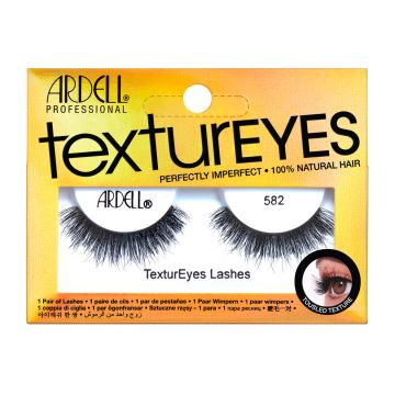 Front facing of Ardell Textureyes 583 false lashes in retail wall hook ready box with printed label text