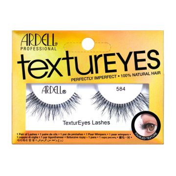 Front view of Ardell Textureyes 584 false lashes in retail wall hook ready packaging with product label text