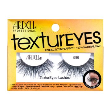 Front view of Ardell Textureyes 586 false lashes in retail wall hook ready packaging with printed label text