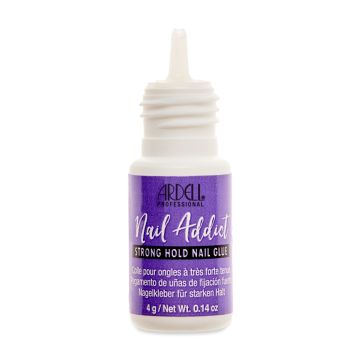 An open bottle of Ardell Nail Addict Strong Hold Nail Glue with printed label text