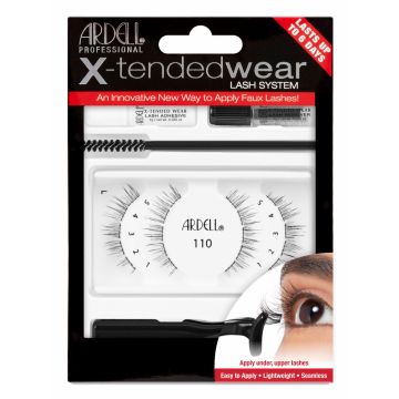 Front view of Ardell, X-tended Wear #110 lashes in retail wall hook packaging
