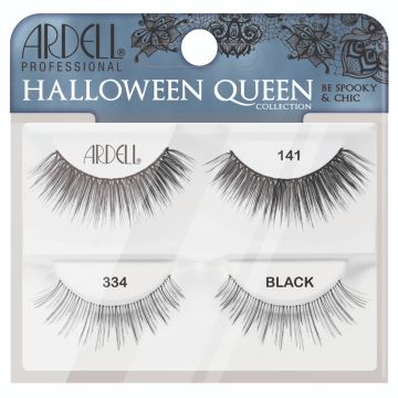 Ardell Halloween Queen 2 Pack 334 & 141 retail packaging showcasing 2 pairs of faux lashes labelled with their make and model