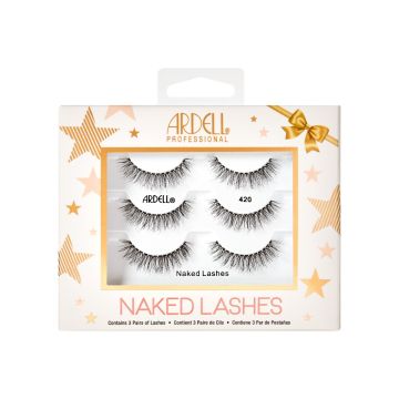 Front view of Ardell,3pk Holiday Naked 420 lashes in retail wall hook packaging
