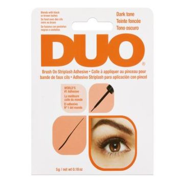 Back details of Ardell DUO Brush-On Striplash Adhesive, Dark, 0.5 fl oz retail pack with product detail written on it