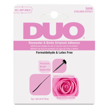 Front view of DUO® Rosewater & Biotin Striplash Adhesive wall-hook ready packaging with printed label text