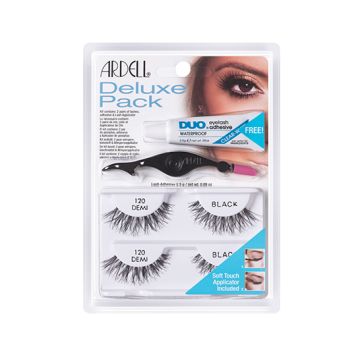 Set of Ardell Deluxe Pack contains two pairs of 120 lashes, DUO adhesive & soft-touch applicator inside its retail packaging