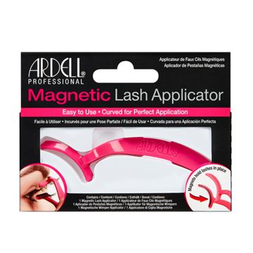 Front view of pink Ardell Magnetic Lash Applicator inside black with pink accents retail wall hook packaging.