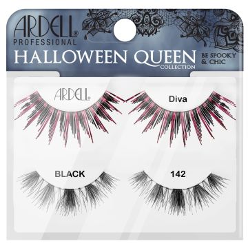 Front view of Ardell Halloween Queen 2 Pack Diva & 142 retail wall hook packaging displaying labelled false lash contents